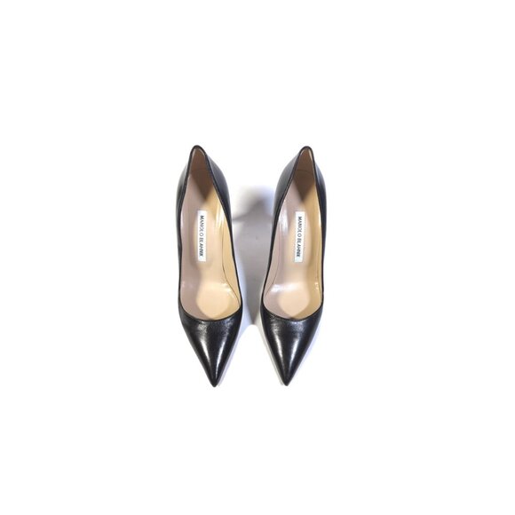 MANOLO BLAHNIK BB 37.5 Black Pointed Toe Calf Leather Pumps 4" Heel - Picture 3 of 7